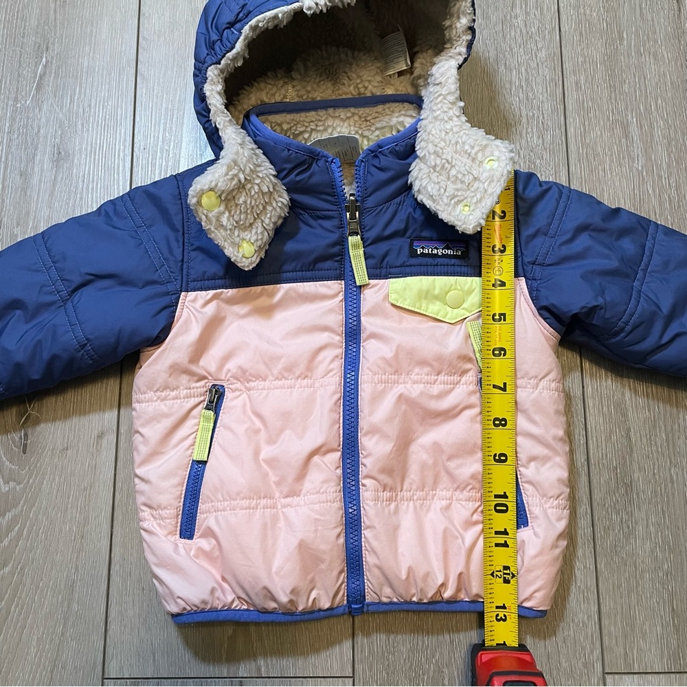 Patagonia Baby Reversible Puff-Ball Jacket - Blue Pink, Sherpa Lined Hooded 12 M - Picture 9 of 10